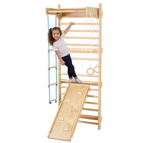Swedish Ladder Wall Gym, 5 in 1 Wooden Indoor Playground Climbing Toys, 220 lbs Load Capacity Swedish Wall Ladder with Pull-Up Bar, Gymnastic Rings,