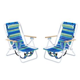 Folding Beach Chair Set of 2 for Adults, 4 Position Portable Backpack Foldable Camping Chair with Headrest Cup Holder and Wooden Armrests, Blue & Gre