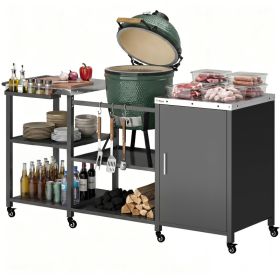 Grill Table for Big Green Egg Grill, Heavy Duty Metal BBQ Prep Table with Stainless Steel Top and Storage Cabinet, Black (Option: Black-855x640x180 mm)