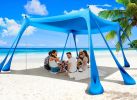 Beach Tent Sun Shelter 10x10ft Beach Canopy Easy Pop Up Sun Shade Portable UPF50+ with 8 Sandbags-2 Sand Shovel-4 Aluminum Poles-Ground Pegs for Outd